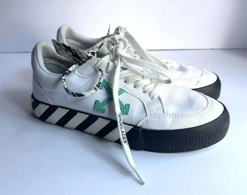 Off-White Low Vulcanized Canvas Sneakers White Green Size 9.5